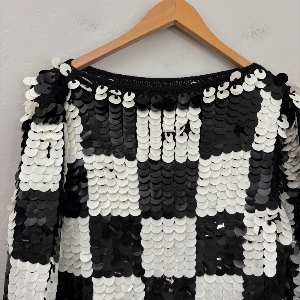 Vintage Sequin Sweater Women Size Small? Black White Checkered Hand Knit Wool - Picture 6 of 11